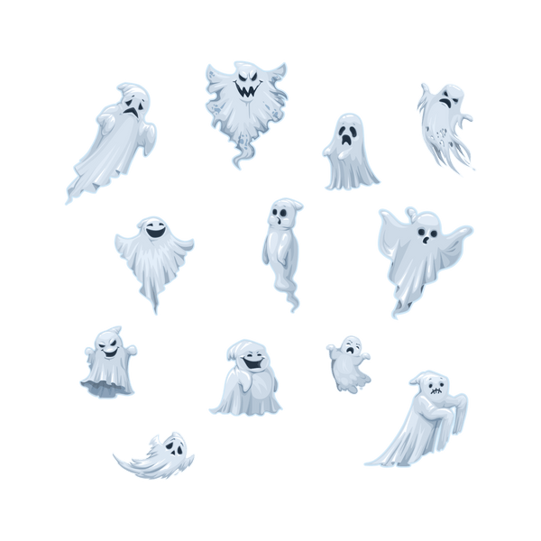 A collection of fourteen Cover-Alls Ghost Decals with various expressions, floating against a solid dark green background.