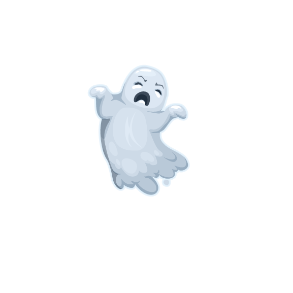 Cartoon ghost with a sad expression floating against a plain green background, perfect for your Cover-Alls Ghost Decals set.