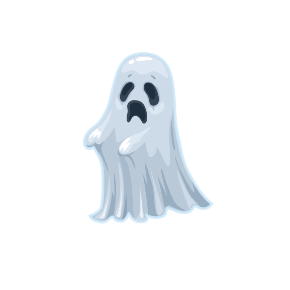 Illustration of a sad, Halloween ghost with big eyes and a droopy appearance, floating against a solid green background created using Cover-Alls Ghost Decals.