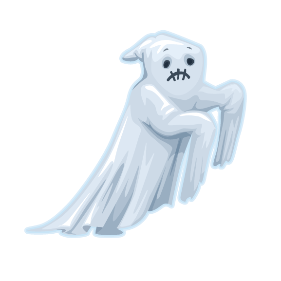 Illustration of a Halloween ghost decal set featuring a sad ghost with a long, flowing white sheet and stitched mouth, hovering against a plain green background by Cover-Alls.