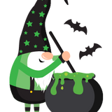 A whimsical Halloween gnome from Cover-Alls, dressed in a green and black outfit with a star-patterned hat, stirs green liquid in a cauldron as bats fly nearby.