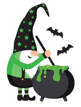 A whimsical Halloween gnome from Cover-Alls, dressed in a green and black outfit with a star-patterned hat, stirs green liquid in a cauldron as bats fly nearby.