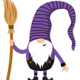 Illustration of a gnome wearing a long purple striped hat and holding a broom. The gnome, perfect for whimsical holiday decor, has a white beard, purple outfit, and black shoes. Ideal as part of your Halloween Gnomes collection from Cover-Alls or to add some Scandinavian fun to your festivities.