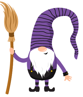 Illustration of a gnome wearing a long purple striped hat and holding a broom. The gnome, perfect for whimsical holiday decor, has a white beard, purple outfit, and black shoes. Ideal as part of your Halloween Gnomes collection from Cover-Alls or to add some Scandinavian fun to your festivities.