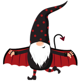 A gnome from Cover-Alls' Halloween Gnomes collection, featuring a long white beard and a tall, pointy black hat adorned with red polka dots, dances with arms outstretched while wearing bat-like wings. This whimsical addition is ideal for holiday decor, infusing your garden with a touch of Halloween magic.