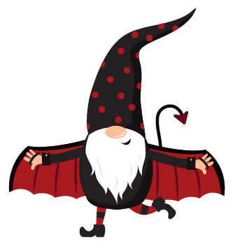 A gnome from Cover-Alls' Halloween Gnomes collection, featuring a long white beard and a tall, pointy black hat adorned with red polka dots, dances with arms outstretched while wearing bat-like wings. This whimsical addition is ideal for holiday decor, infusing your garden with a touch of Halloween magic.