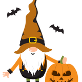 Illustration of a Cover-Alls Halloween Gnome in an orange outfit and tall hat standing next to a carved pumpkin, with two bats flying around.