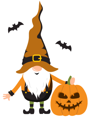 Illustration of a Cover-Alls Halloween Gnome in an orange outfit and tall hat standing next to a carved pumpkin, with two bats flying around.