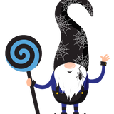 A gnome from the Cover-Alls Halloween Gnomes collection, dressed in a blue outfit with a tall black hat adorned with spiderwebs, holding a large black and blue spiral lollipop, and featuring a spider on his beard, is waving—perfect as whimsical holiday decor or to add some Scandinavian fun to your Halloween garden gnomes collection.