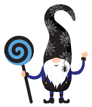 A gnome from the Cover-Alls Halloween Gnomes collection, dressed in a blue outfit with a tall black hat adorned with spiderwebs, holding a large black and blue spiral lollipop, and featuring a spider on his beard, is waving—perfect as whimsical holiday decor or to add some Scandinavian fun to your Halloween garden gnomes collection.