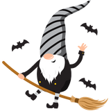 Illustration of a Halloween Gnome from Cover-Alls, featuring a gnome with a long striped hat riding a broomstick and waving, surrounded by three bats flying nearby—perfect for whimsical holiday decor or as part of your Halloween Gnomes collection.