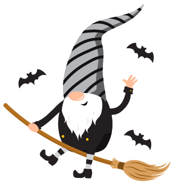 Illustration of a Halloween Gnome from Cover-Alls, featuring a gnome with a long striped hat riding a broomstick and waving, surrounded by three bats flying nearby—perfect for whimsical holiday decor or as part of your Halloween Gnomes collection.