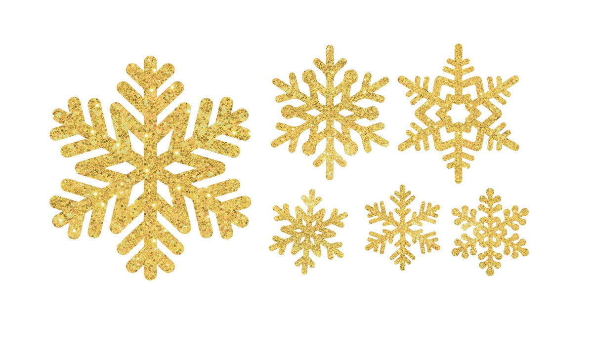 Six gold glitter snowflake ornaments of varying designs are displayed on a white background, alongside delicate Snowflake Decals by Cover-Alls.