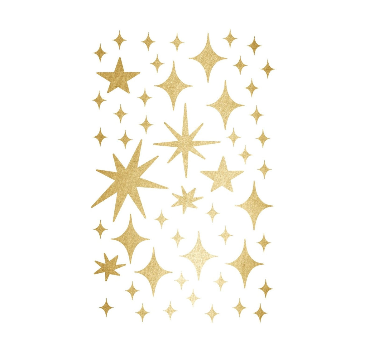 A collection of Cover-Alls Gold Twinkly Stars in various sizes and styles arranged in a magical scene on a white background.