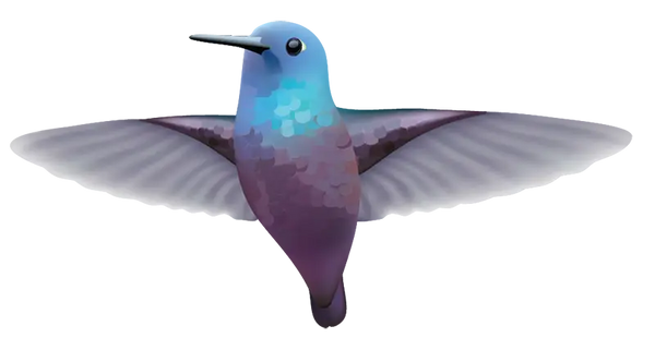 Illustration of a purple and blue hummingbird with wings outstretched, appearing to fly against a white background—perfect as a car or wall decoration, approx 6" wide. **Hummingbird Decals** by **Cover-Alls**.