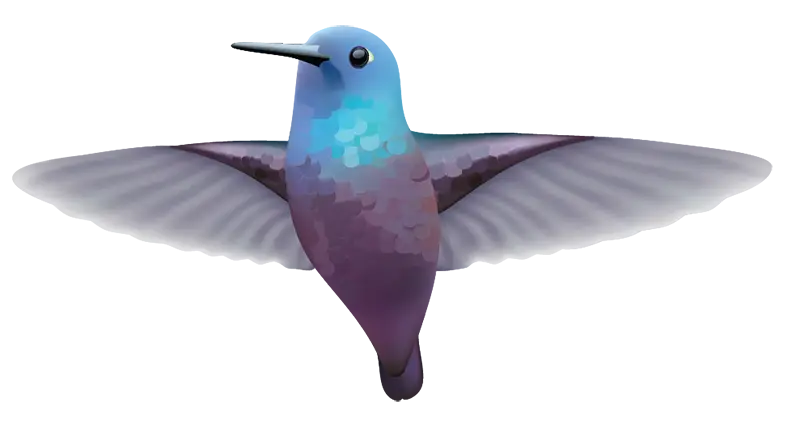 Illustration of a jewel-like hummingbird with purple and blue feathers, wings spread open. The background blends from light blue to white. Introducing the Free Sample Hummingbird Decal (just $1 shipping) from Cover-Alls.