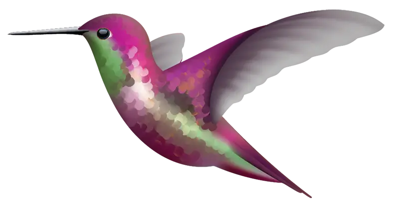 Illustration of a colorful, jewel-like hummingbird with shades of pink, green, and white, flying to the right with wings outstretched. Cover-Alls Free Sample Hummingbird Decal (just $1 shipping).