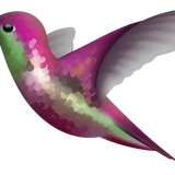 Illustration of a hummingbird with vibrant purple, green, and pink feathers and wings spread in flight, perfect for car or wall decoration. Introducing Hummingbird Decals by Cover-Alls.