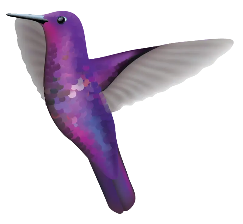A stylized illustration of a jewel-like hummingbird with vibrant purple and pink feathers, depicted mid-flight against a white background. Free Sample Hummingbird Decal <br>(just $1 shipping) by Cover-Alls.