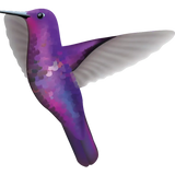 Illustration of a multicolored, predominantly purple and pink, stylized hummingbird in mid-flight with wings extended, approx 6” wide. Perfect as a vibrant car or wall decoration. Introducing **Cover-Alls Hummingbird Decals**!