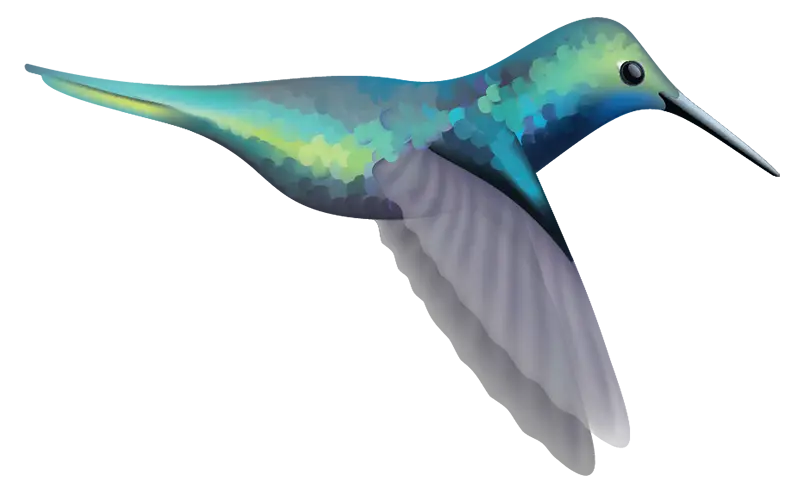 Illustration of a vibrant, jewel-like hummingbird with blue and green hues, wings spread in mid-flight, hovering against a white background. Free Sample Hummingbird Decal (just $1 shipping) by Cover-Alls.