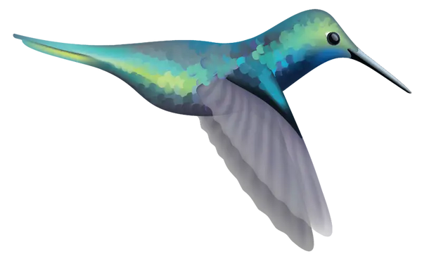 Illustration of a vibrant, jewel-like hummingbird with blue and green hues, wings spread in mid-flight, hovering against a white background. Free Sample Hummingbird Decal (just $1 shipping) by Cover-Alls.
