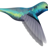 Illustration of a hummingbird in a side profile view with a gradient color pattern of blue, green, and yellow and a long pointed beak, approx 6