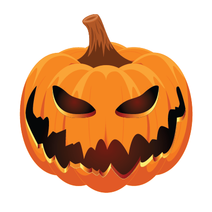 Illustration of a Cover-Alls Jack O' Lantern with a menacing face, featuring sharp eyes and jagged teeth, on a green background.