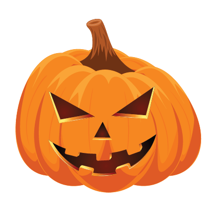Illustration of a Jack O' Lantern Pumpkin Decal with a menacing smile against a green background, commonly used as Halloween decorations by Cover-Alls.