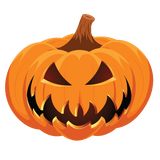 Carved Jack O' Lantern Pumpkin Decals with a menacing face and glowing eyes set against a dark green background, perfect for Halloween decorations by Cover-Alls.