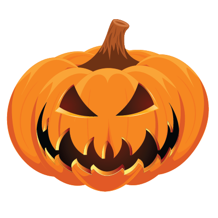 Carved Jack O' Lantern Pumpkin Decals with a menacing face and glowing eyes set against a dark green background, perfect for Halloween decorations by Cover-Alls.