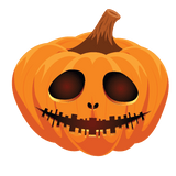 Illustration of a Cover-Alls Jack O' Lantern Pumpkin Decal with a stitched mouth and dark eye holes, set against a green background.