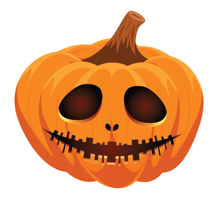 Illustration of a Cover-Alls Jack O' Lantern Pumpkin Decal with a stitched mouth and dark eye holes, set against a green background.
