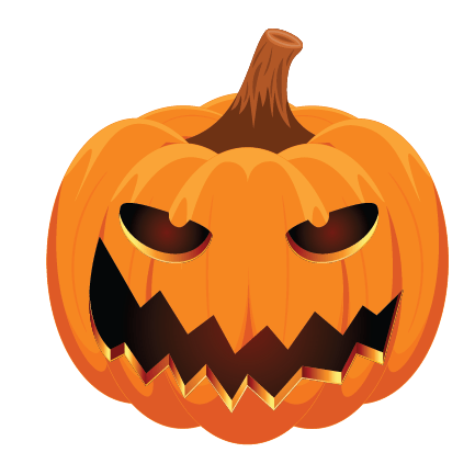 Illustration of a Cover-Alls Jack O' Lantern Pumpkin Decals with a menacing face on a green background.