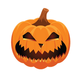 Illustration of a Cover-Alls Jack O' Lantern Pumpkin Decal with a menacing face against a dark green background.