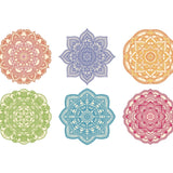 Six colorful Cover-Alls mandala decals in various intricate patterns, displayed in two rows with three mandalas each in shades of red, blue, yellow, green, teal, and pink.