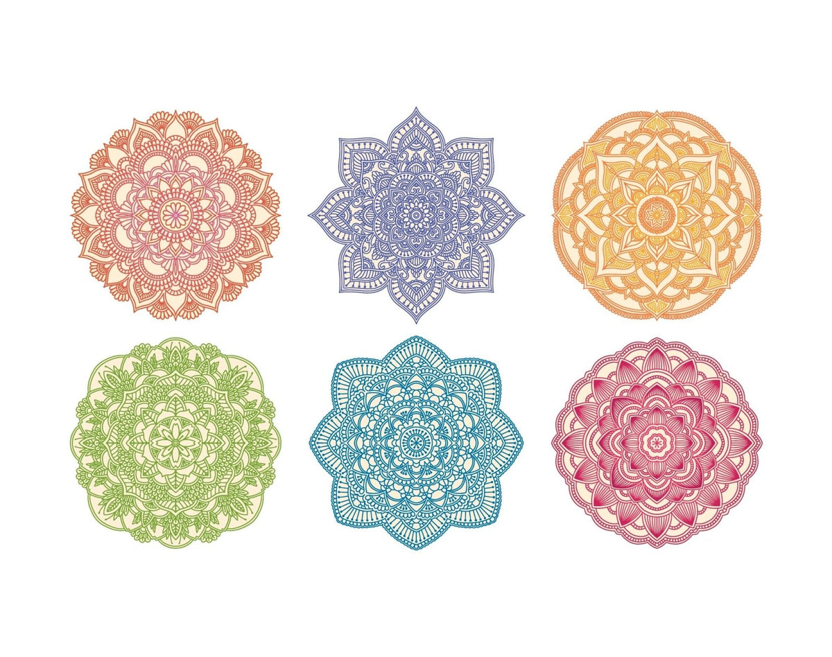 Six colorful Cover-Alls mandala decals in various intricate patterns, displayed in two rows with three mandalas each in shades of red, blue, yellow, green, teal, and pink.