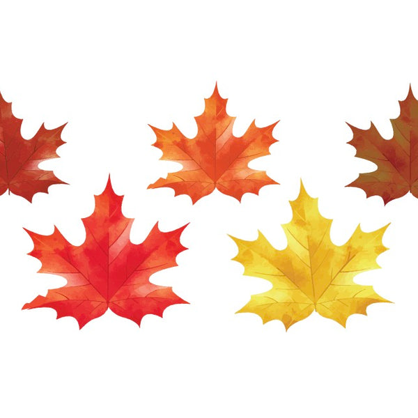 Nine vibrant Cover-Alls Fall Maple Leaves Decals in various shades of red, orange, and yellow are arranged in three rows on a white background, bringing the essence of autumn indoors.