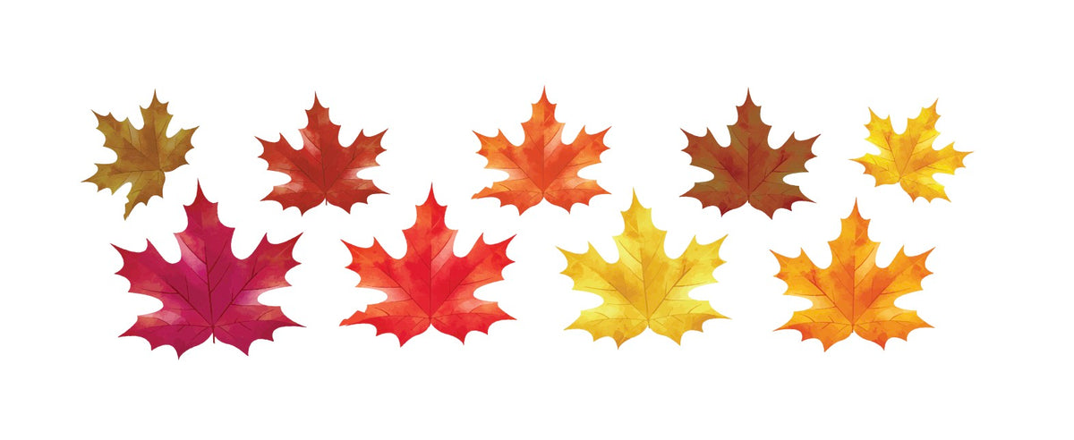 Nine vibrant Cover-Alls Fall Maple Leaves Decals in various shades of red, orange, and yellow are arranged in three rows on a white background, bringing the essence of autumn indoors.