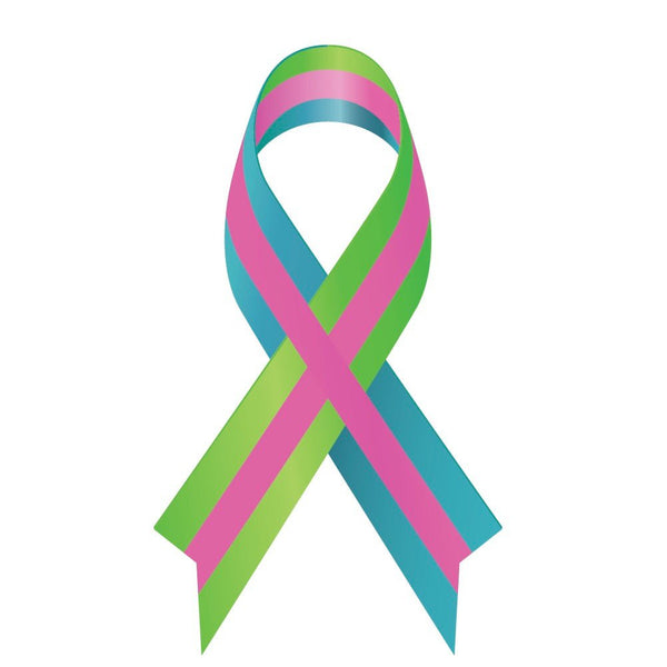 A teal, pink, and green striped Metavivor Cancer Ribbon Decal by Cover-Alls isolated on a white background.