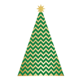 Graphic of a Cover-Alls Modern Christmas Tree Decal with gold and green zigzag patterns and a gold star on top, set against a dark green background.