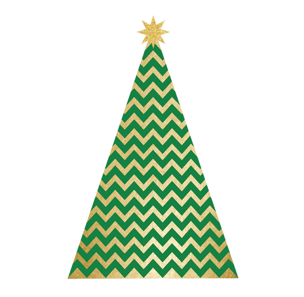 Graphic of a Cover-Alls Modern Christmas Tree Decal with gold and green zigzag patterns and a gold star on top, set against a dark green background.