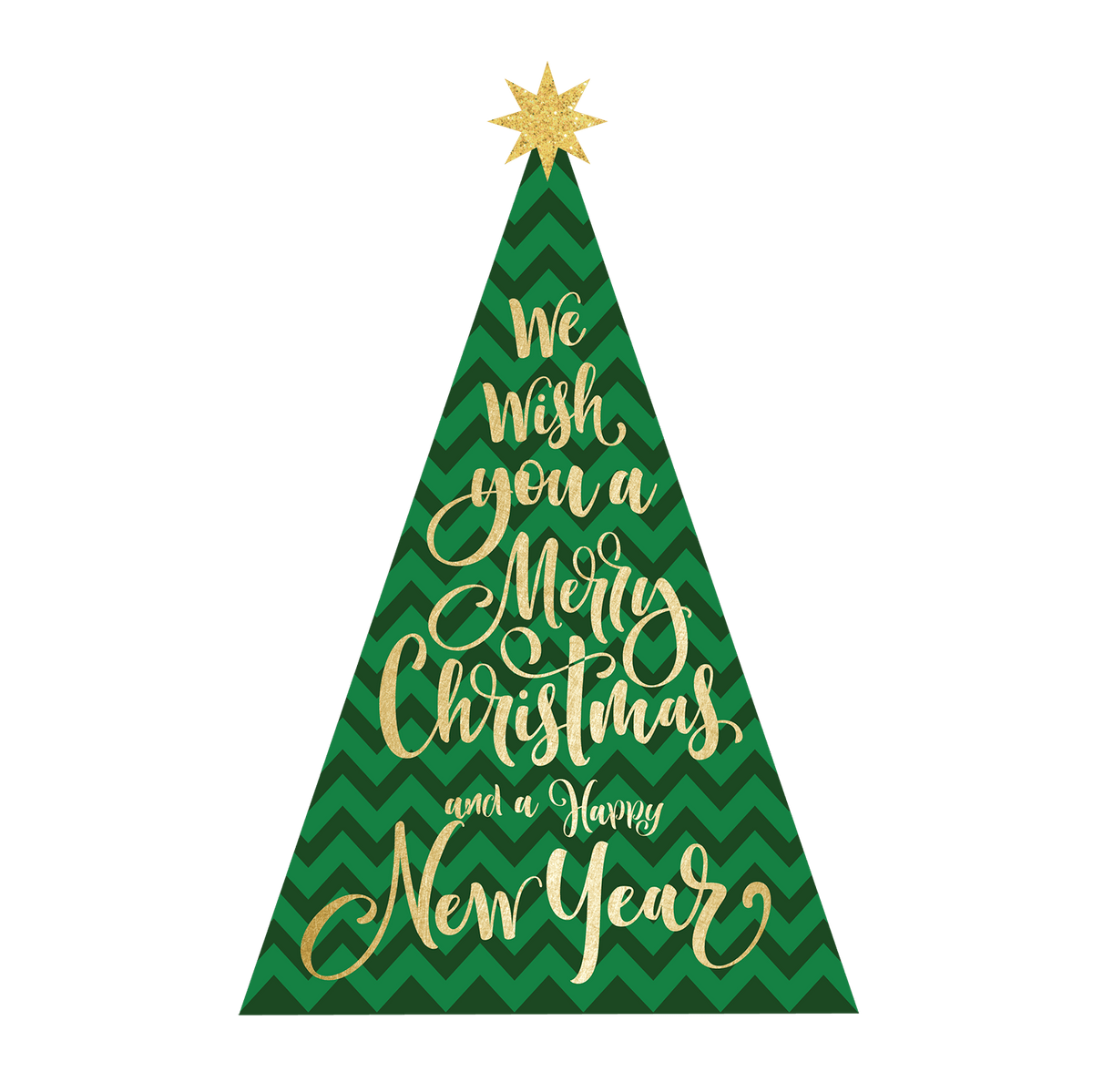 Graphic of a Cover-Alls Modern Christmas tree decal with the text "we wish you a merry christmas and a happy new year" in ornate lettering, topped with a gold star.