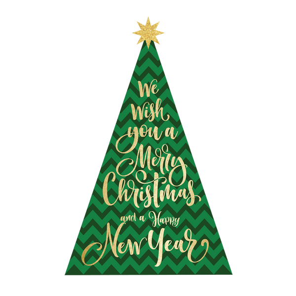 Graphic of a Cover-Alls Modern Christmas tree decal with the text "we wish you a merry christmas and a happy new year" in ornate lettering, topped with a gold star.