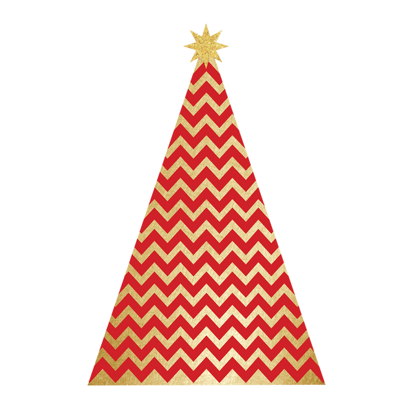A stylized geometric Modern Christmas Tree Decal in red and gold chevron patterns topped with a gold star, set against a dark green background by Cover-Alls.