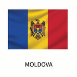Flag of Moldova featuring vertical stripes of blue, yellow, and red, with the national coat of arms centered on the yellow stripe, and the word 