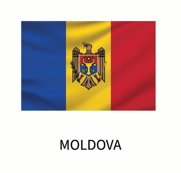 Flag of Moldova featuring vertical stripes of blue, yellow, and red, with the national coat of arms centered on the yellow stripe, and the word "Moldova" below. This design is featured on Cover-Alls' Flags of the World Decals.