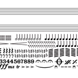 A Cover-Alls Wall Musical Notation Sticker Kit featuring a musical score with various musical notations, including notes, rests, accidentals, dynamics, and other symbols, all arranged in a fragmented, grid-like format on staff lines. Perfect for music lovers!