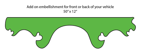 The Cover-Alls Mystery Machine Extra Hood Ornament or Back Fender Art is a green 50x12-inch vehicle embellishment inspired by the classic Mystery Machine, perfect for front or back placement and providing a nostalgic, eye-catching touch.