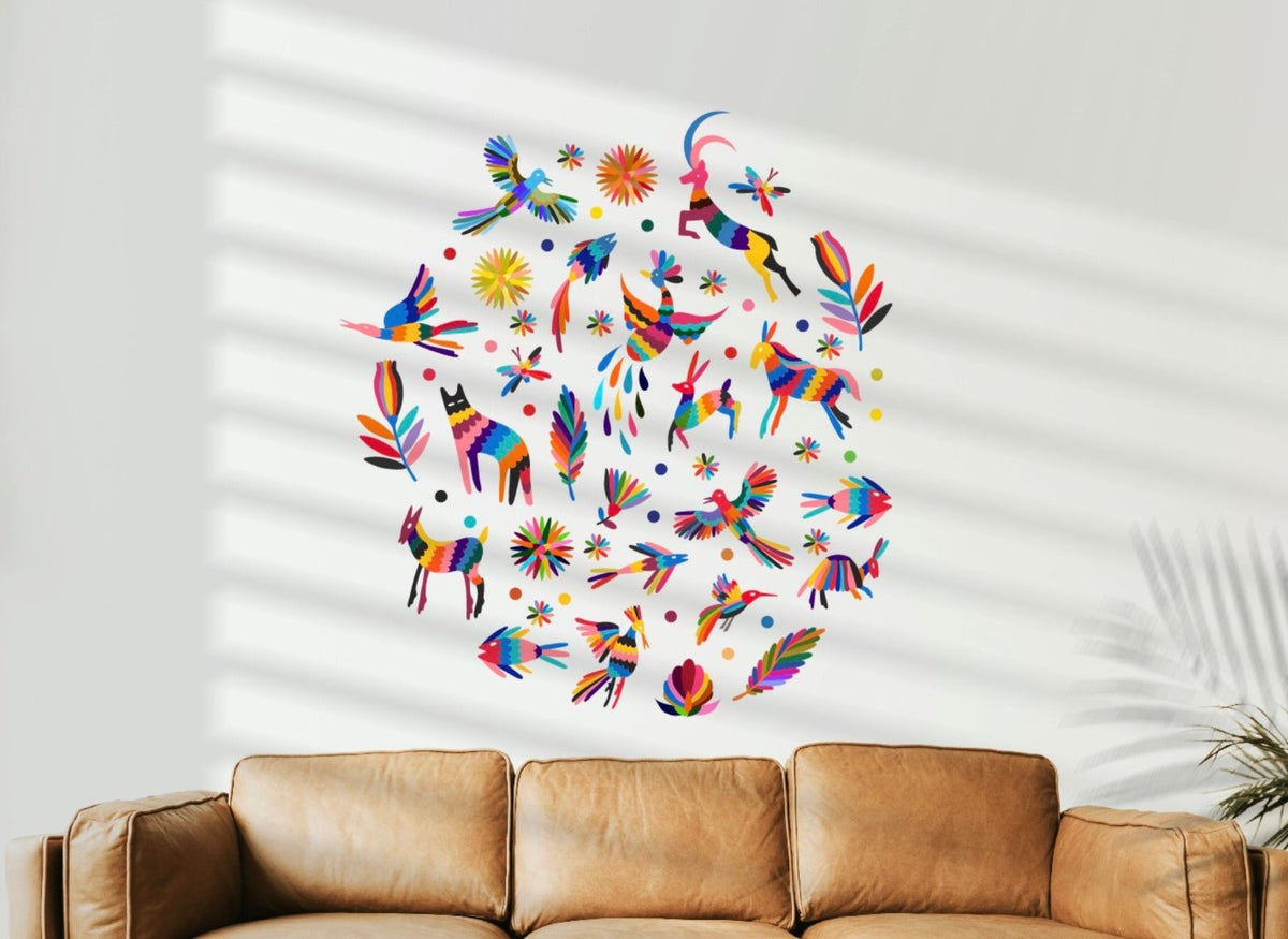 Colorful Cover-Alls Otomi Animals and Flowers Decals featuring abstract animals and floral designs above a brown leather sofa in a room with white Venetian blinds.